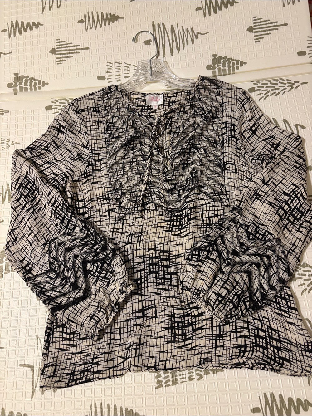Parker Black and Ivory Ruffle-Front Long Sleeve Blouse